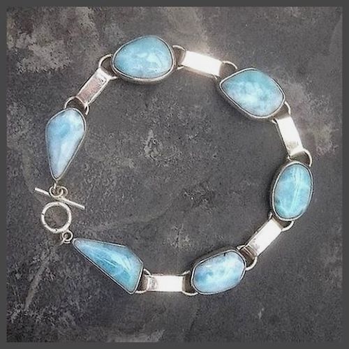 6 Stone Sterling Silver Free- form Larimar Bracelet 